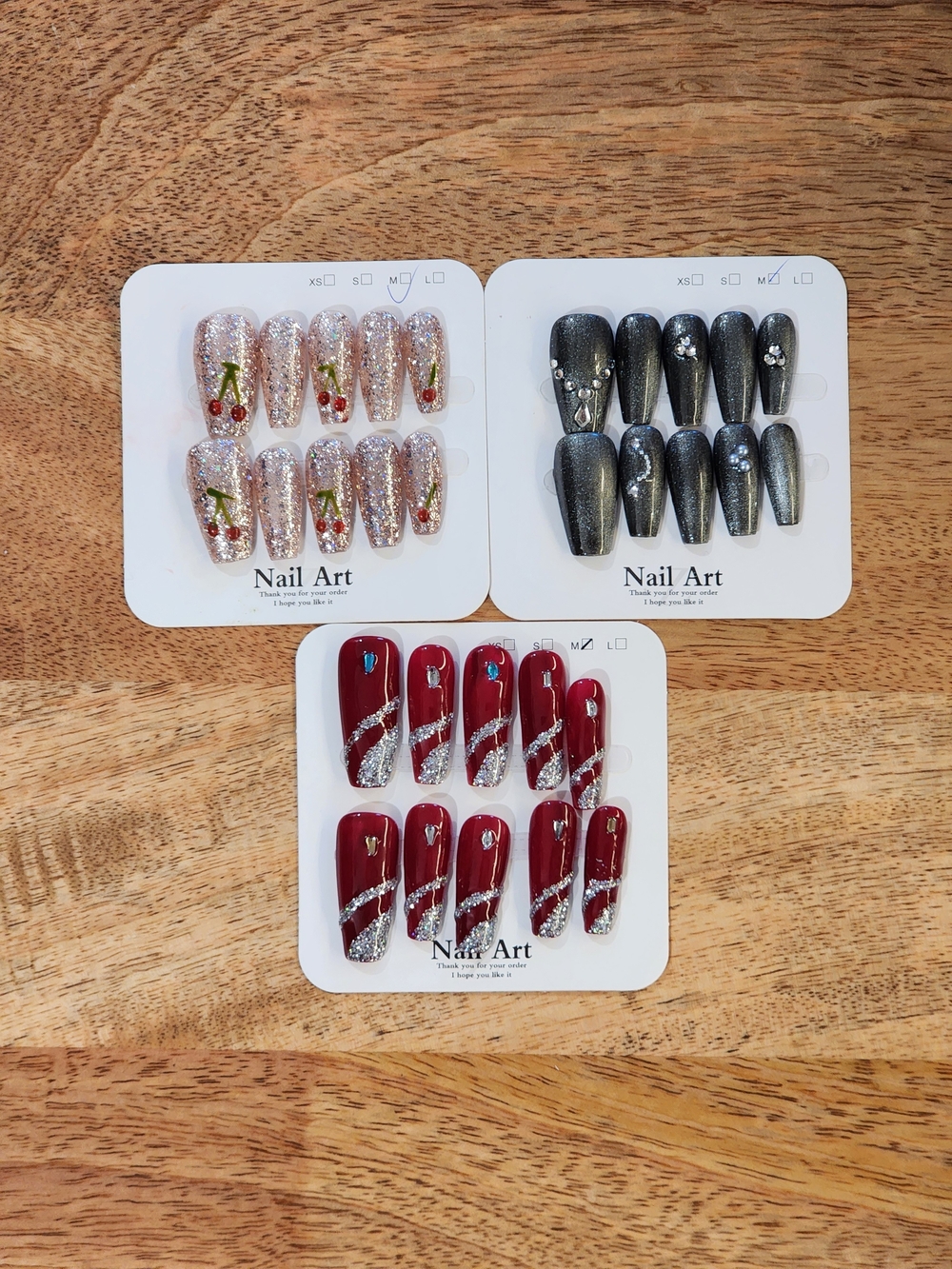 Set of 3 Press-On Nail Designs — Red, Silver Glitter, Gunmetal